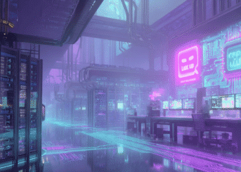 Groq Hugging Face AI Inference A futuristic data center glowing with neon lights, symbolizing high-speed AI processing. On one side, the Hugging Face logo is connected to a glowing circuit board labeled “Groq LPU™,” with data streams flowing between them. In the background, a developer works on a screen showing AI-generated text, hinting at lightning-fast token processing.