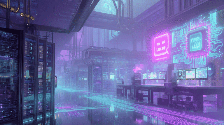 Groq Hugging Face AI Inference A futuristic data center glowing with neon lights, symbolizing high-speed AI processing. On one side, the Hugging Face logo is connected to a glowing circuit board labeled “Groq LPU™,” with data streams flowing between them. In the background, a developer works on a screen showing AI-generated text, hinting at lightning-fast token processing.