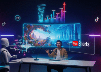 YouTube Veo 3 AI Shorts A futuristic digital studio filled with glowing screens and holograms. At the center, a young content creator sits confidently at a desk, speaking into a microphone while gesturing toward a floating screen displaying a vibrant YouTube Shorts logo. Behind them, an AI-generated video plays—featuring surreal landscapes morphing into sci-fi cityscapes—highlighting the creative power of Veo 3. To the side, a robotic assistant projects audio waveforms and subtitles in multiple languages. A graph showing skyrocketing views and engagement metrics hovers above. The overall color scheme is dynamic and tech-inspired: deep blues, neon purples, and glowing reds, symbolizing innovation, creativity, and digital transformation. In the background, icons of other platforms like TikTok and Instagram observe quietly—subtle but watchful.