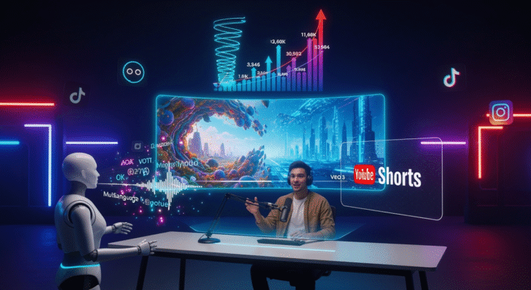YouTube Veo 3 AI Shorts A futuristic digital studio filled with glowing screens and holograms. At the center, a young content creator sits confidently at a desk, speaking into a microphone while gesturing toward a floating screen displaying a vibrant YouTube Shorts logo. Behind them, an AI-generated video plays—featuring surreal landscapes morphing into sci-fi cityscapes—highlighting the creative power of Veo 3. To the side, a robotic assistant projects audio waveforms and subtitles in multiple languages. A graph showing skyrocketing views and engagement metrics hovers above. The overall color scheme is dynamic and tech-inspired: deep blues, neon purples, and glowing reds, symbolizing innovation, creativity, and digital transformation. In the background, icons of other platforms like TikTok and Instagram observe quietly—subtle but watchful.