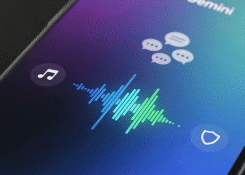 A smartphone screen showing Google Gemini’s voice assistant interface, with a glowing waveform reacting to voice input. The background features soft, blurred icons of music notes, chat bubbles, and a shield symbolizing privacy, highlighting the themes of AI assistance, song recognition, and data protection.