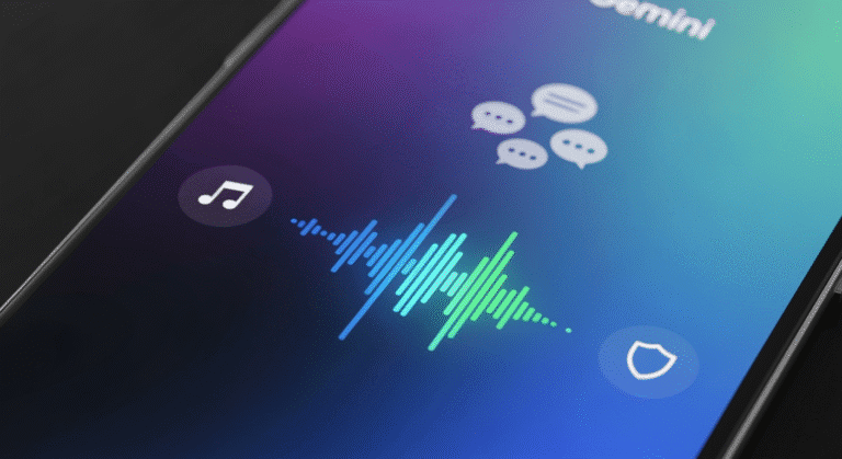 A smartphone screen showing Google Gemini’s voice assistant interface, with a glowing waveform reacting to voice input. The background features soft, blurred icons of music notes, chat bubbles, and a shield symbolizing privacy, highlighting the themes of AI assistance, song recognition, and data protection.
