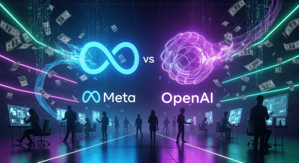 A sleek, dramatic digital illustration of two giant tech company logos — Meta’s infinity loop and OpenAI’s swirling orb — facing off like gladiators in a neon-lit arena. Streams of dollar bills and code snippets swirl around them, symbolizing the fierce talent war. In the background, silhouettes of engineers and researchers move between the companies, highlighting the human element of the AI arms race.