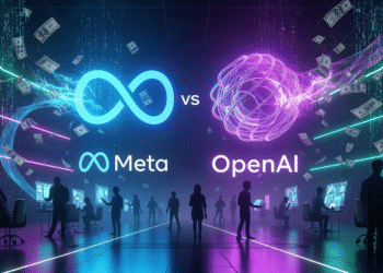A sleek, dramatic digital illustration of two giant tech company logos — Meta’s infinity loop and OpenAI’s swirling orb — facing off like gladiators in a neon-lit arena. Streams of dollar bills and code snippets swirl around them, symbolizing the fierce talent war. In the background, silhouettes of engineers and researchers move between the companies, highlighting the human element of the AI arms race.