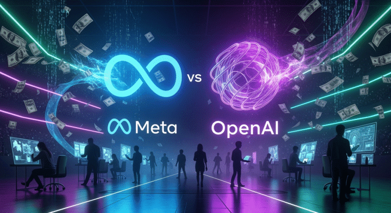 A sleek, dramatic digital illustration of two giant tech company logos — Meta’s infinity loop and OpenAI’s swirling orb — facing off like gladiators in a neon-lit arena. Streams of dollar bills and code snippets swirl around them, symbolizing the fierce talent war. In the background, silhouettes of engineers and researchers move between the companies, highlighting the human element of the AI arms race.