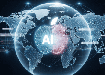 Apple Perplexity AI acquisition A sleek concept image showing a glowing Apple logo merging with a stylized AI brain graphic, overlayed on a digital globe filled with data nodes and search bars—symbolizing Apple’s foray into AI search dominance through the Perplexity acquisition.