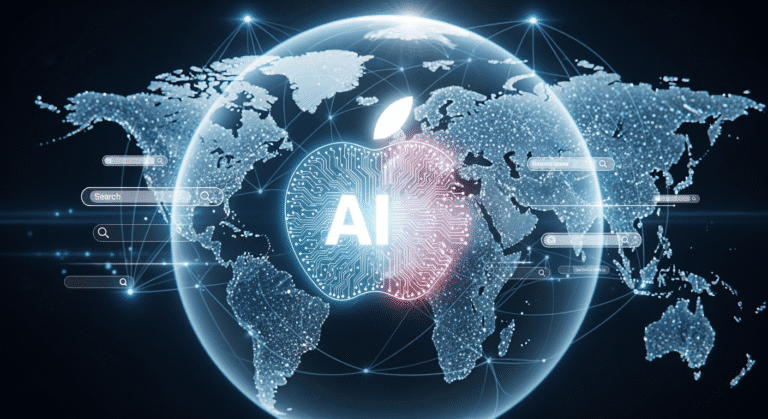 Apple Perplexity AI acquisition A sleek concept image showing a glowing Apple logo merging with a stylized AI brain graphic, overlayed on a digital globe filled with data nodes and search bars—symbolizing Apple’s foray into AI search dominance through the Perplexity acquisition.