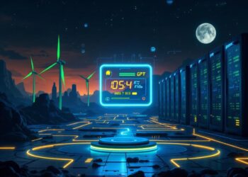 A futuristic digital landscape highlighting the environmental impact of AI. In the center, a sleek ChatGPT interface emits a soft glow, symbolizing accessibility and intelligence. Surrounding it are elements representing resource consumption: a spinning energy meter, water droplets forming binary code, and a faint oven timer ticking. Massive data centers loom in the background, their servers lit with status LEDs, connected by thick cables resembling power and water pipelines. On the left, green wind turbines and solar panels suggest the hope for sustainable AI. On the right, rising smoke stacks and overheated servers contrast this vision, symbolizing unchecked growth. Floating above the scene are icons of policymakers, scientists, and users, each holding puzzle pieces—representing the need for collaborative solutions to AI’s growing environmental footprint.