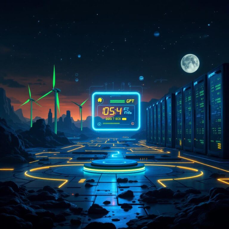 A futuristic digital landscape highlighting the environmental impact of AI. In the center, a sleek ChatGPT interface emits a soft glow, symbolizing accessibility and intelligence. Surrounding it are elements representing resource consumption: a spinning energy meter, water droplets forming binary code, and a faint oven timer ticking. Massive data centers loom in the background, their servers lit with status LEDs, connected by thick cables resembling power and water pipelines. On the left, green wind turbines and solar panels suggest the hope for sustainable AI. On the right, rising smoke stacks and overheated servers contrast this vision, symbolizing unchecked growth. Floating above the scene are icons of policymakers, scientists, and users, each holding puzzle pieces—representing the need for collaborative solutions to AI’s growing environmental footprint.