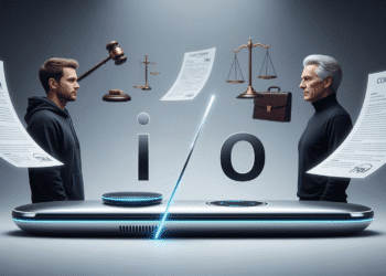 OpenAI Jony Ive trademark dispute A dramatic digital rendering showing Sam Altman and Jony Ive standing on opposite sides of a futuristic AI device, with the word "io" split in half between them. Legal documents and court symbols hover in the background, symbolizing the ongoing trademark battle. The design is sleek and minimalist, echoing Apple's design legacy.