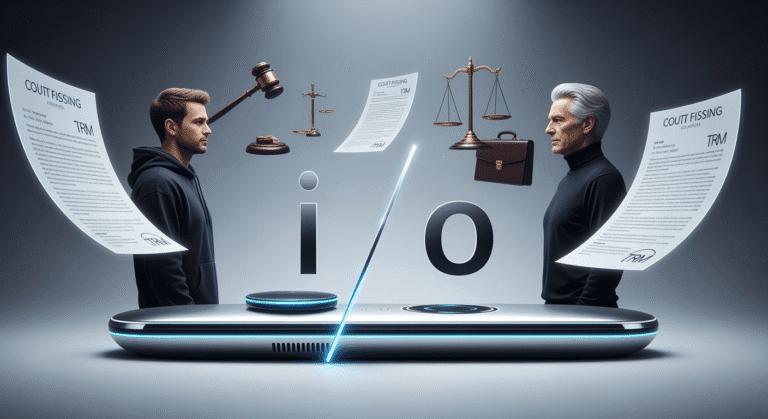 OpenAI Jony Ive trademark dispute A dramatic digital rendering showing Sam Altman and Jony Ive standing on opposite sides of a futuristic AI device, with the word "io" split in half between them. Legal documents and court symbols hover in the background, symbolizing the ongoing trademark battle. The design is sleek and minimalist, echoing Apple's design legacy.