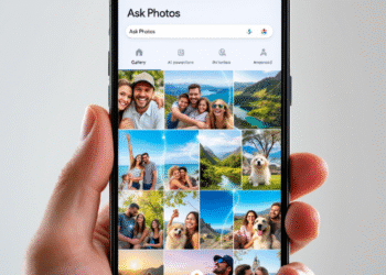 A modern smartphone displaying the Google Photos app with a search bar at the top labeled “Ask Photos.” The background shows a gallery of diverse, colorful photos: family gatherings, pets, travel shots. The image symbolizes AI-enhanced search, with faint overlays of futuristic, glowing lines connecting the photos, suggesting speed and intelligence. A subtle Google Photos logo sits in the corner.