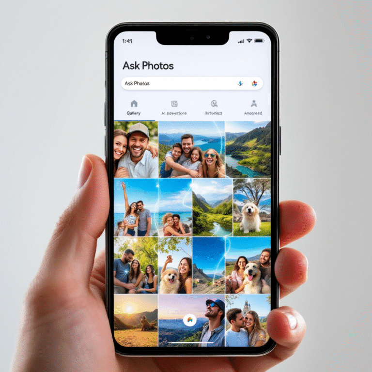 A modern smartphone displaying the Google Photos app with a search bar at the top labeled “Ask Photos.” The background shows a gallery of diverse, colorful photos: family gatherings, pets, travel shots. The image symbolizes AI-enhanced search, with faint overlays of futuristic, glowing lines connecting the photos, suggesting speed and intelligence. A subtle Google Photos logo sits in the corner.