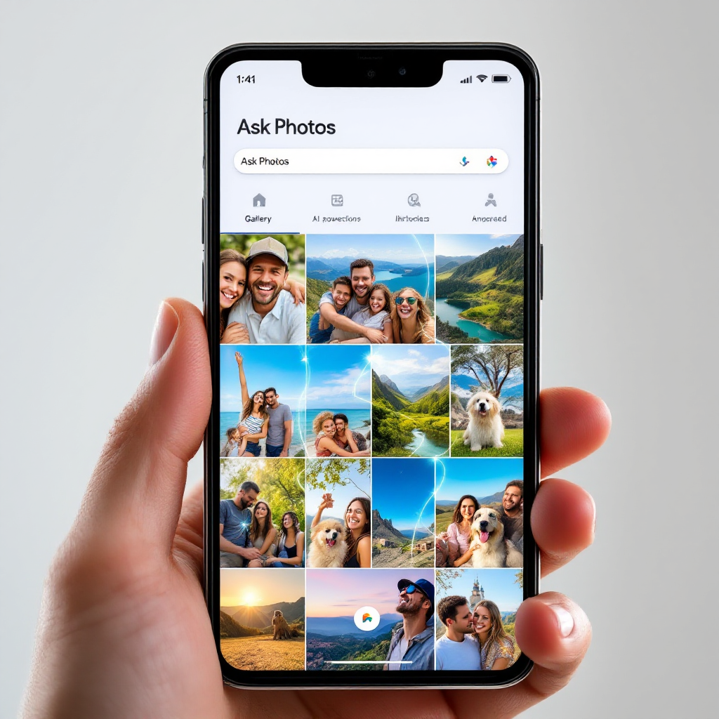 A modern smartphone displaying the Google Photos app with a search bar at the top labeled “Ask Photos.” The background shows a gallery of diverse, colorful photos: family gatherings, pets, travel shots. The image symbolizes AI-enhanced search, with faint overlays of futuristic, glowing lines connecting the photos, suggesting speed and intelligence. A subtle Google Photos logo sits in the corner.