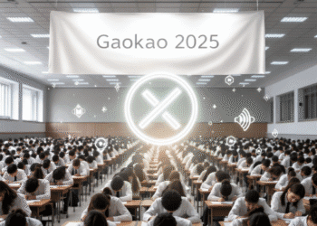 China Gaokao AI chatbot shutdown A wide, softly lit exam hall stretches into the distance, rows of high-school students in neat uniforms hunched over desks under a banner that reads “Gaokao 2025.” In the foreground, a large translucent “mute” icon hovers over faint holographic chatbot logos (Qwen, Doubao, Yuanbao) with their screens grayed-out, symbolizing the nationwide AI shutdown. Outside the hall’s tall windows, the morning sun casts long, calm shadows—contrasting the intense focus inside.