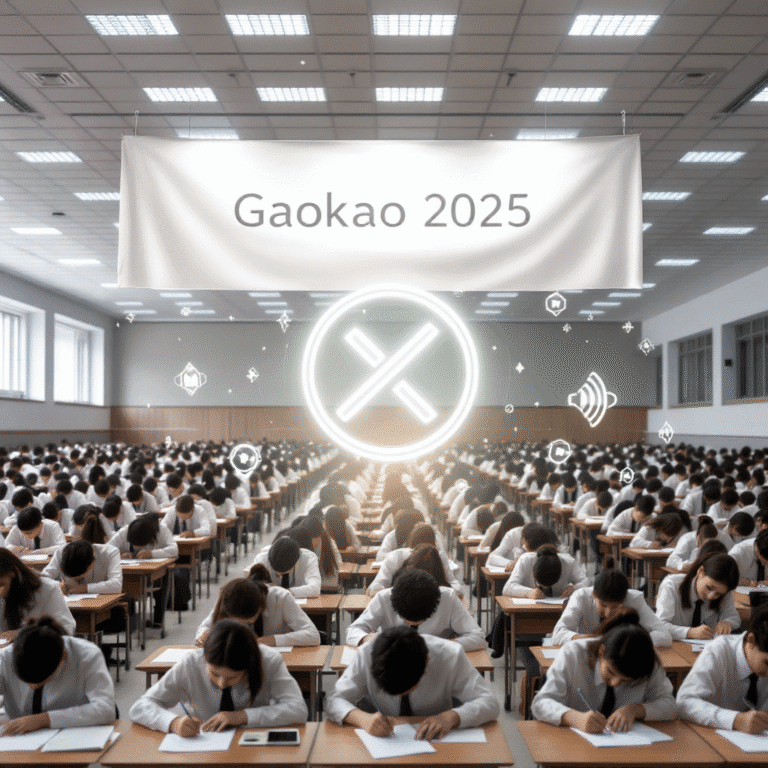 China Gaokao AI chatbot shutdown A wide, softly lit exam hall stretches into the distance, rows of high-school students in neat uniforms hunched over desks under a banner that reads “Gaokao 2025.” In the foreground, a large translucent “mute” icon hovers over faint holographic chatbot logos (Qwen, Doubao, Yuanbao) with their screens grayed-out, symbolizing the nationwide AI shutdown. Outside the hall’s tall windows, the morning sun casts long, calm shadows—contrasting the intense focus inside.