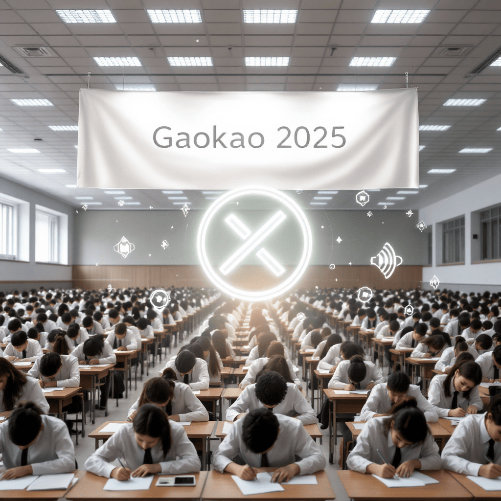 China Gaokao AI chatbot shutdown A wide, softly lit exam hall stretches into the distance, rows of high-school students in neat uniforms hunched over desks under a banner that reads “Gaokao 2025.” In the foreground, a large translucent “mute” icon hovers over faint holographic chatbot logos (Qwen, Doubao, Yuanbao) with their screens grayed-out, symbolizing the nationwide AI shutdown. Outside the hall’s tall windows, the morning sun casts long, calm shadows—contrasting the intense focus inside.