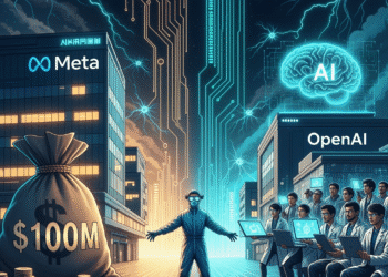 Meta $100M signing bonus OpenAI A stylized digital illustration depicting a dramatic tug-of-war between two futuristic corporate campuses—one labeled Meta with Meta’s logo and a giant money bag marked "$100M", and the other labeled OpenAI with a glowing AI brain icon surrounded by determined researchers holding laptops. In the middle, a researcher in lab gear stands still, caught between the money bag and the mission-driven team, representing the tension between wealth and purpose in the AI talent war. The background features abstract circuit patterns and glowing neural networks, emphasizing the high-tech arms race theme.