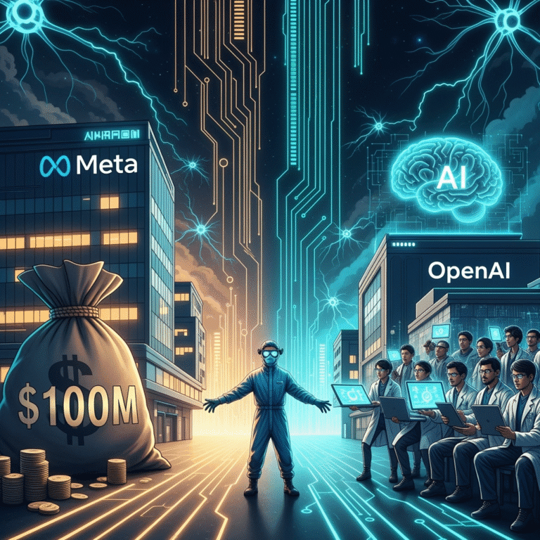 Meta $100M signing bonus OpenAI A stylized digital illustration depicting a dramatic tug-of-war between two futuristic corporate campuses—one labeled Meta with Meta’s logo and a giant money bag marked "$100M", and the other labeled OpenAI with a glowing AI brain icon surrounded by determined researchers holding laptops. In the middle, a researcher in lab gear stands still, caught between the money bag and the mission-driven team, representing the tension between wealth and purpose in the AI talent war. The background features abstract circuit patterns and glowing neural networks, emphasizing the high-tech arms race theme.
