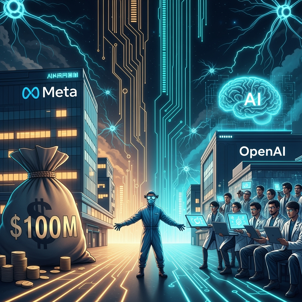 Meta $100M signing bonus OpenAI A stylized digital illustration depicting a dramatic tug-of-war between two futuristic corporate campuses—one labeled Meta with Meta’s logo and a giant money bag marked "$100M", and the other labeled OpenAI with a glowing AI brain icon surrounded by determined researchers holding laptops. In the middle, a researcher in lab gear stands still, caught between the money bag and the mission-driven team, representing the tension between wealth and purpose in the AI talent war. The background features abstract circuit patterns and glowing neural networks, emphasizing the high-tech arms race theme.