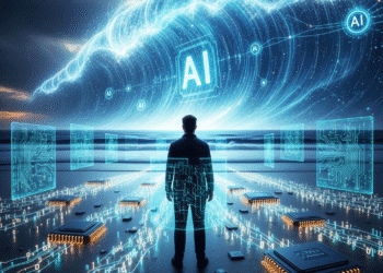 AI superintelligence prediction 2026. A digitally-rendered concept image of Elon Musk standing on a beach as a massive, translucent AI-generated wave (symbolizing the "tsunami" of AI) looms on the horizon. His silhouette is surrounded by glowing circuits and binary code washing up like sea foam, with AI server chips embedded in the sand around him.