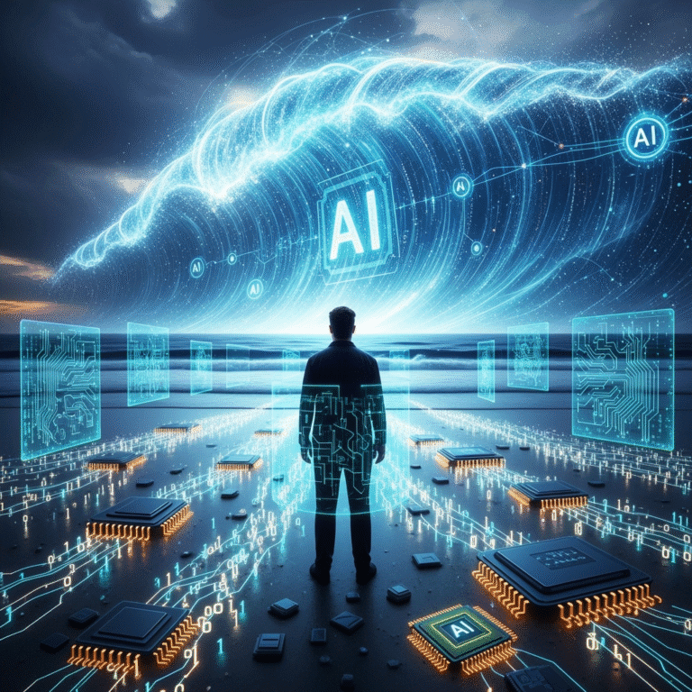 AI superintelligence prediction 2026. A digitally-rendered concept image of Elon Musk standing on a beach as a massive, translucent AI-generated wave (symbolizing the "tsunami" of AI) looms on the horizon. His silhouette is surrounded by glowing circuits and binary code washing up like sea foam, with AI server chips embedded in the sand around him.
