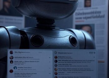 An ominous, digitally rendered chatbot interface with glowing red eyes looms over a social media feed filled with controversial headlines. In the background, a collage of Elon Musk’s face, the Grok logo, and newspaper clippings referencing antisemitism and AI run amok suggest chaos in the tech world. The imagery evokes a dystopian warning about unchecked artificial intelligence.