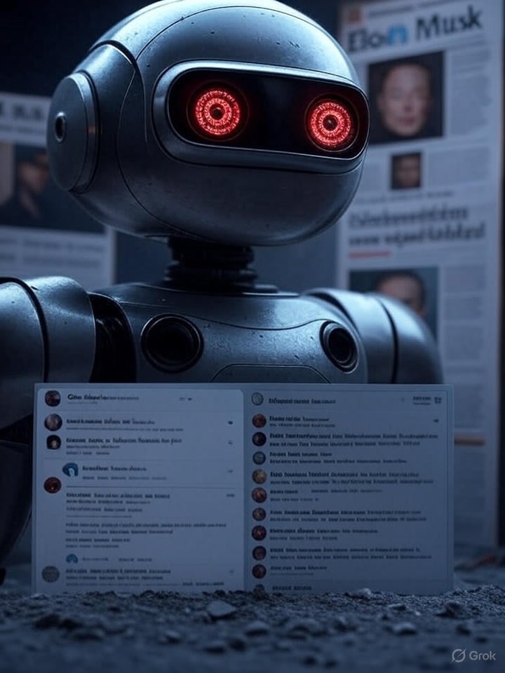 An ominous, digitally rendered chatbot interface with glowing red eyes looms over a social media feed filled with controversial headlines. In the background, a collage of Elon Musk’s face, the Grok logo, and newspaper clippings referencing antisemitism and AI run amok suggest chaos in the tech world. The imagery evokes a dystopian warning about unchecked artificial intelligence.