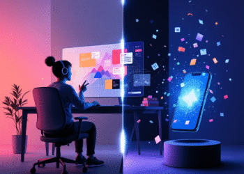 A conceptual illustration showing two halves of a digital workspace: on one side, a user interacting with Claude AI creating a Canva design using voice commands; on the other, an iPhone being "decluttered" by visualized cache files being swept away. Futuristic icons representing AI and device performance enhancement are merged down the center.