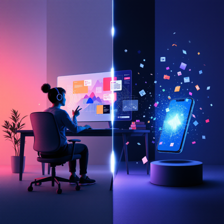 A conceptual illustration showing two halves of a digital workspace: on one side, a user interacting with Claude AI creating a Canva design using voice commands; on the other, an iPhone being "decluttered" by visualized cache files being swept away. Futuristic icons representing AI and device performance enhancement are merged down the center.