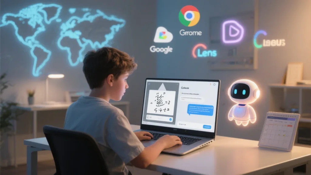 A student sitting at a desk, laptop open, using Google’s AI Mode. One screen shows an image upload (like a math problem), another shows a chatbot-style AI response. In the background, floating icons represent Chrome, Google Drive, Lens, and a Canvas-like planning tool. The AI appears as a friendly digital assistant, glowing softly in the side panel. A global map glows subtly, highlighting expansion in the UK.