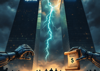 A dramatic digital illustration of two towering corporate skyscrapers labeled “OpenAI” and “Meta” facing off under stormy skies, with lightning bolts shaped like dollar signs in the background. In the foreground, silhouetted figures representing AI researchers are being pulled toward each building by giant robotic hands clutching bags of money and mission statements.