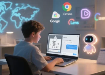 A student sitting at a desk, laptop open, using Google’s AI Mode. One screen shows an image upload (like a math problem), another shows a chatbot-style AI response. In the background, floating icons represent Chrome, Google Drive, Lens, and a Canvas-like planning tool. The AI appears as a friendly digital assistant, glowing softly in the side panel. A global map glows subtly, highlighting expansion in the UK.