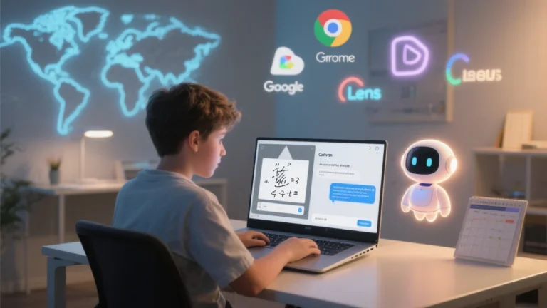 A student sitting at a desk, laptop open, using Google’s AI Mode. One screen shows an image upload (like a math problem), another shows a chatbot-style AI response. In the background, floating icons represent Chrome, Google Drive, Lens, and a Canvas-like planning tool. The AI appears as a friendly digital assistant, glowing softly in the side panel. A global map glows subtly, highlighting expansion in the UK.