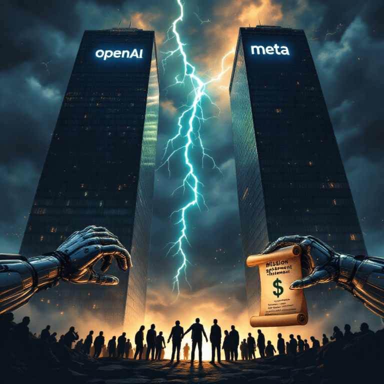 A dramatic digital illustration of two towering corporate skyscrapers labeled “OpenAI” and “Meta” facing off under stormy skies, with lightning bolts shaped like dollar signs in the background. In the foreground, silhouetted figures representing AI researchers are being pulled toward each building by giant robotic hands clutching bags of money and mission statements.