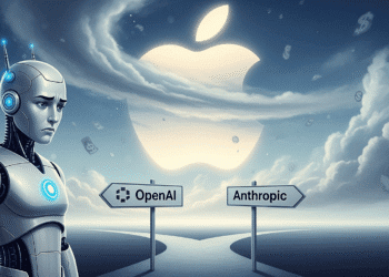 An illustration of Siri represented as a humanoid AI with a confused expression, standing at a crossroads labeled “OpenAI” and “Anthropic.” In the background, a giant Apple logo looms over cloudy skies, symbolizing Apple’s uncertain AI future. Subtle hints of dollar signs float in the air, representing the high-stakes financial negotiations.
