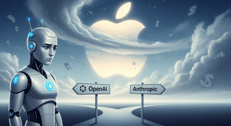 An illustration of Siri represented as a humanoid AI with a confused expression, standing at a crossroads labeled “OpenAI” and “Anthropic.” In the background, a giant Apple logo looms over cloudy skies, symbolizing Apple’s uncertain AI future. Subtle hints of dollar signs float in the air, representing the high-stakes financial negotiations.
