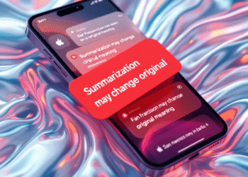 A conceptual digital image showing an iPhone screen with translucent UI elements floating over a news app, displaying AI-generated summaries. In the background, a glowing red warning banner overlays text reading “Summarization may change original meaning.” The phone is surrounded by abstract flowing liquid glass textures, symbolizing iOS 26’s new design language, with icons of Siri, Apple News, and feedback mechanisms subtly embedded in the scene.