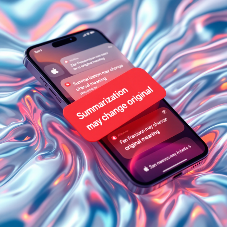 A conceptual digital image showing an iPhone screen with translucent UI elements floating over a news app, displaying AI-generated summaries. In the background, a glowing red warning banner overlays text reading “Summarization may change original meaning.” The phone is surrounded by abstract flowing liquid glass textures, symbolizing iOS 26’s new design language, with icons of Siri, Apple News, and feedback mechanisms subtly embedded in the scene.