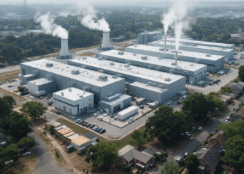 An aerial photo of the xAI data center complex in Memphis, showing rows of industrial buildings surrounded by residential neighborhoods. In the foreground, gas turbines emit faint plumes of exhaust into the hazy sky. Community members gather near homes in Boxtown, highlighting the proximity of the facility to historically Black neighborhoods. The scene captures the tension between technological development and community health concerns.