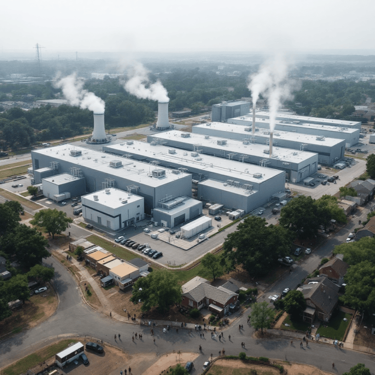 An aerial photo of the xAI data center complex in Memphis, showing rows of industrial buildings surrounded by residential neighborhoods. In the foreground, gas turbines emit faint plumes of exhaust into the hazy sky. Community members gather near homes in Boxtown, highlighting the proximity of the facility to historically Black neighborhoods. The scene captures the tension between technological development and community health concerns.