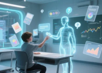 A futuristic digital classroom setting with a student interacting with a holographic AI tutor. The AI appears as a glowing interface with text and question bubbles. Charts, flashcards, and progress graphs float in the background, symbolizing personalized learning and real-time feedback.