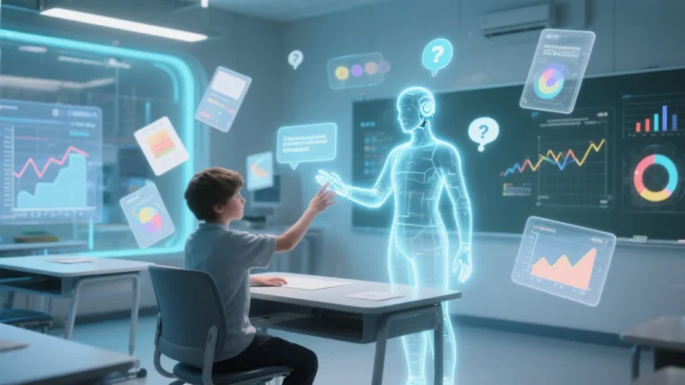 A futuristic digital classroom setting with a student interacting with a holographic AI tutor. The AI appears as a glowing interface with text and question bubbles. Charts, flashcards, and progress graphs float in the background, symbolizing personalized learning and real-time feedback.