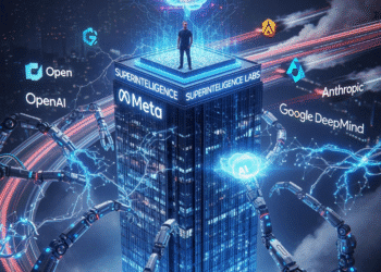 A dramatic digital illustration showing Mark Zuckerberg standing atop a futuristic Meta building labeled "Superintelligence Labs," surrounded by glowing neural networks and robotic arms reaching toward a floating AI brain. A race track wraps around the scene, with blurred logos of OpenAI, Google DeepMind, and Anthropic in hot pursuit, symbolizing the AI arms race.