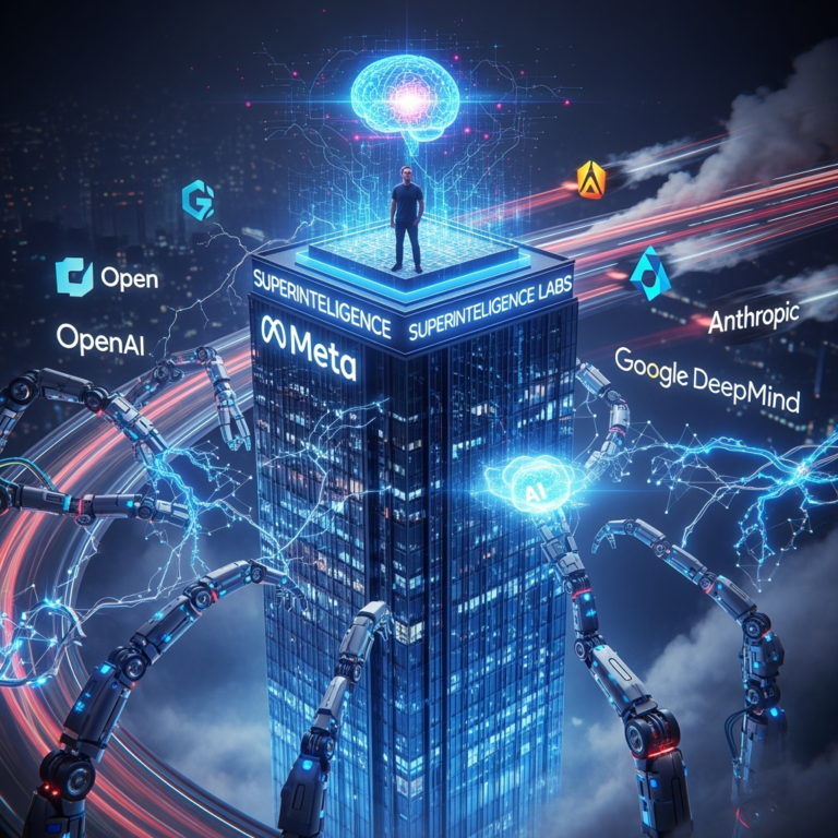 A dramatic digital illustration showing Mark Zuckerberg standing atop a futuristic Meta building labeled "Superintelligence Labs," surrounded by glowing neural networks and robotic arms reaching toward a floating AI brain. A race track wraps around the scene, with blurred logos of OpenAI, Google DeepMind, and Anthropic in hot pursuit, symbolizing the AI arms race.