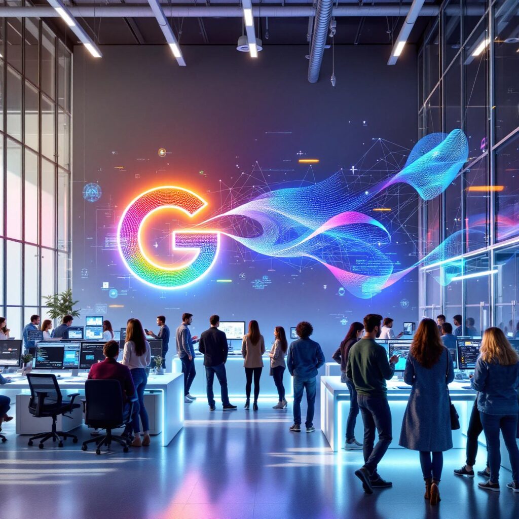 A high-tech office filled with diverse software engineers collaborating on futuristic holographic screens displaying lines of AI-generated code, set against a backdrop of Google’s colorful logo. The mood is dynamic and forward-looking, symbolizing the fusion of human creativity and artificial intelligence in modern software development.