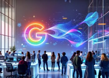 A high-tech office filled with diverse software engineers collaborating on futuristic holographic screens displaying lines of AI-generated code, set against a backdrop of Google’s colorful logo. The mood is dynamic and forward-looking, symbolizing the fusion of human creativity and artificial intelligence in modern software development.