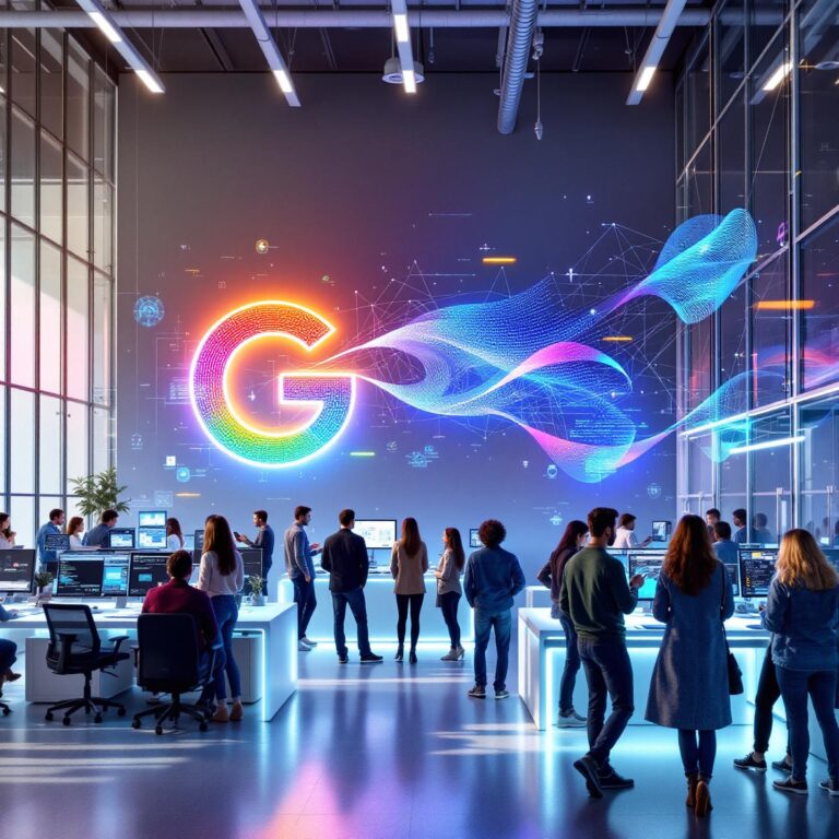 A high-tech office filled with diverse software engineers collaborating on futuristic holographic screens displaying lines of AI-generated code, set against a backdrop of Google’s colorful logo. The mood is dynamic and forward-looking, symbolizing the fusion of human creativity and artificial intelligence in modern software development.
