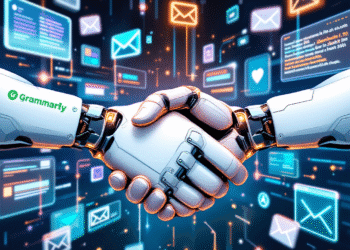 A sleek, modern digital illustration depicting a handshake between two futuristic robotic arms, one with the Grammarly logo and the other with the Superhuman logo. In the background, streams of glowing data flow through a high-tech email interface, symbolizing the integration of advanced AI into productivity tools. A calendar, chat bubbles, and email icons orbit around them, emphasizing the future of connected, AI-powered workplace communication.