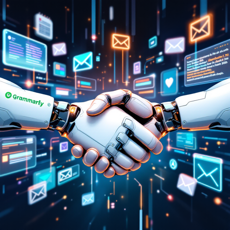 A sleek, modern digital illustration depicting a handshake between two futuristic robotic arms, one with the Grammarly logo and the other with the Superhuman logo. In the background, streams of glowing data flow through a high-tech email interface, symbolizing the integration of advanced AI into productivity tools. A calendar, chat bubbles, and email icons orbit around them, emphasizing the future of connected, AI-powered workplace communication.